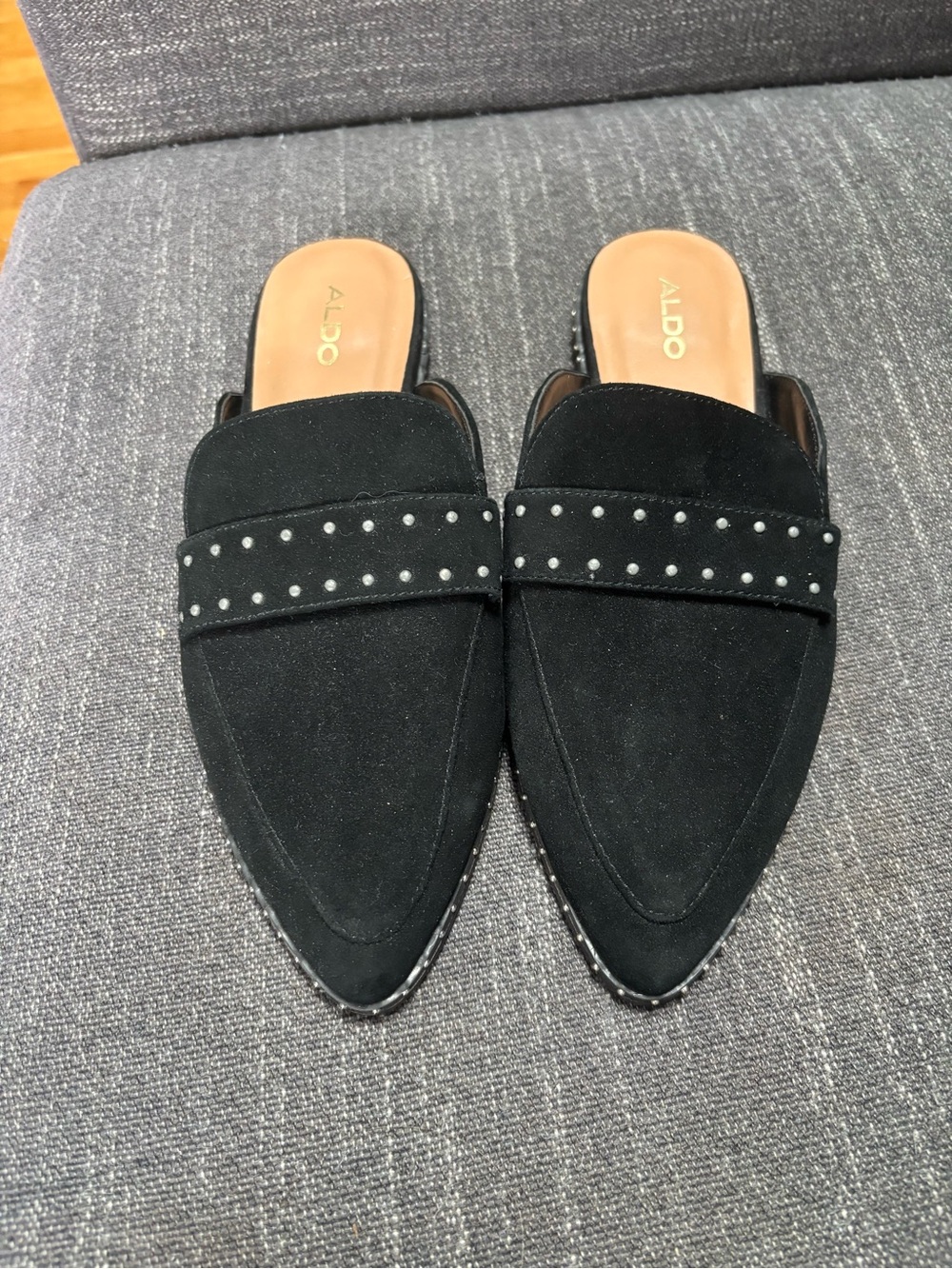 Aldo Black Suede Pointed Slide Mules with Silver Studs